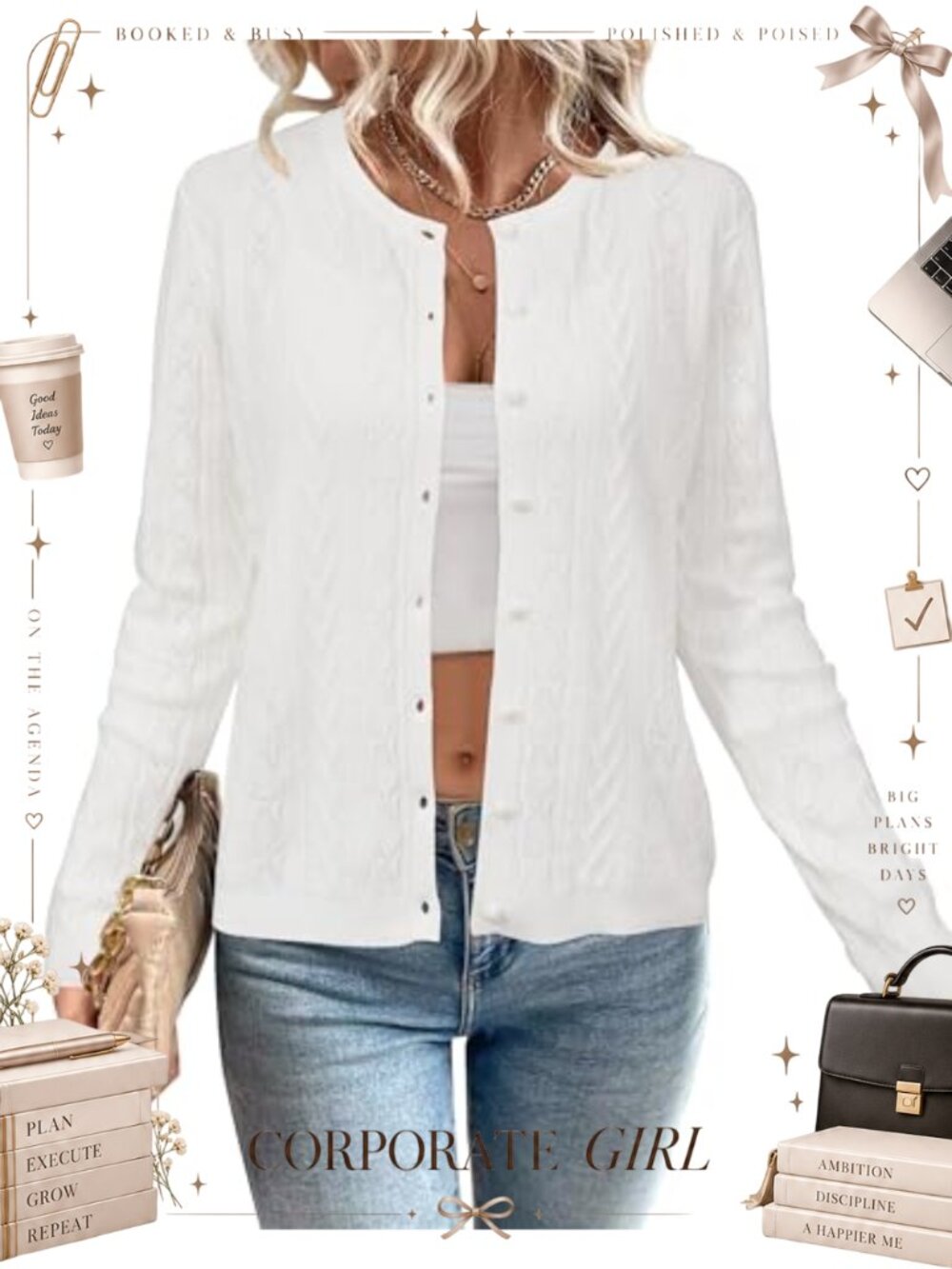 Cable Knit Button Down Crew Neck Cardigan Sweater Long Sleeve